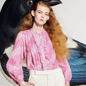 Banjanan Jennifer Floral Button Down Blouse in Maidengrass Vivid Pinks Print